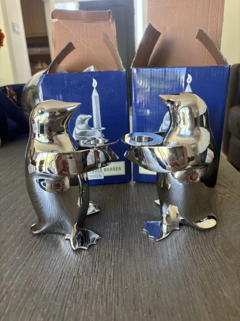 RESTORATION HARDWARE Silver Plate Penguins Candle Bearer Holder Brass Set Of 2